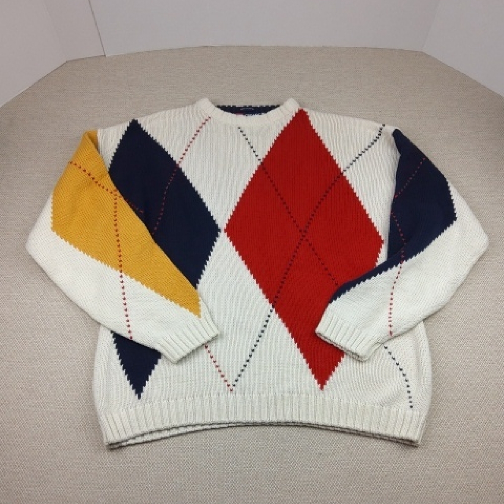 Chaps Ralph Lauren Hand Framed Argyle Diamond Cotton Sweater Mens XL Pullover‎